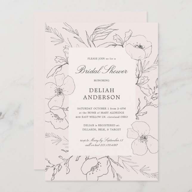 Hand Sketched Peony Blush Floral Bridal Shower Invitation (Front/Back)