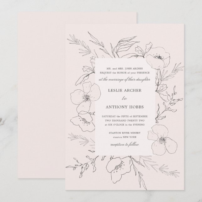 Hand Sketched Peony Blush Pink Wedding Invitation (Front/Back)