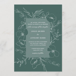 Hand Sketched Peony Emerald Green Wedding Invitation