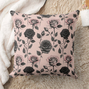 Hand Sketched Roses In Black On A Faded Pink  Cushion