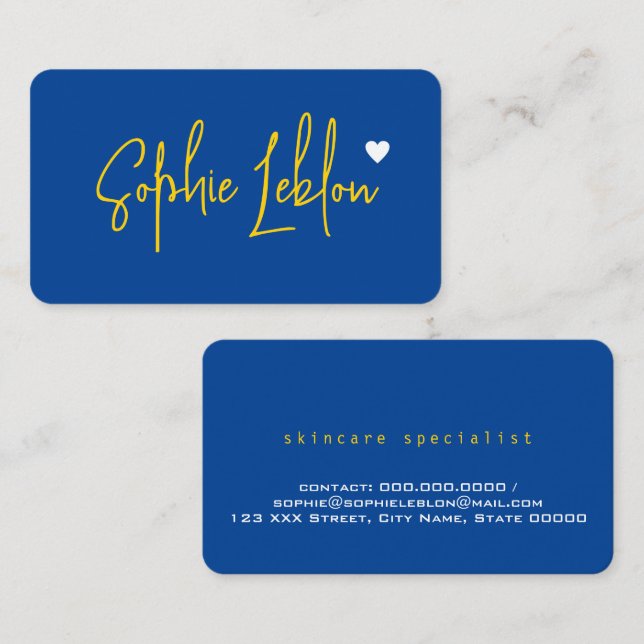 Hand Sketched Yellow Name on Blue with Heart Business Card (Front/Back)