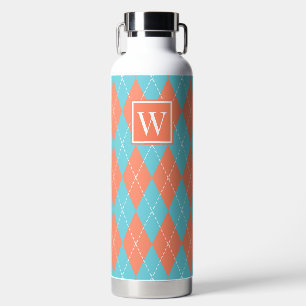 Hand Stitched Argyle - Coral & Turquoise Monogram Water Bottle