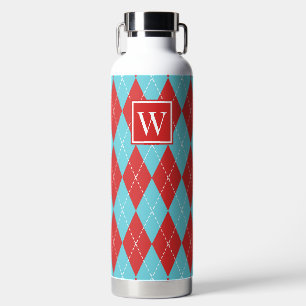 Hand Stitched Argyle - Red & Turquoise Monogram Water Bottle