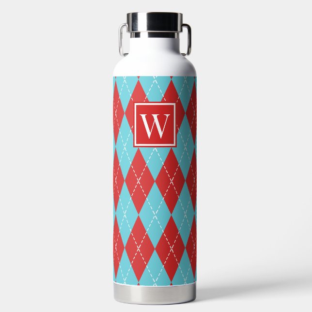 Hand Stitched Argyle - Red & Turquoise Monogram Water Bottle (Front)