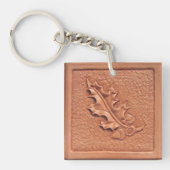 Hand Tooled Leather Oak Leaf Acrylic Keychain (Front)