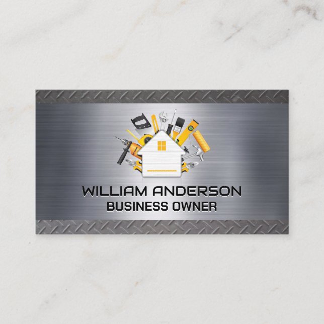Hand Tools | Home Repair Logo | Steel Metallic Business Card (Front)