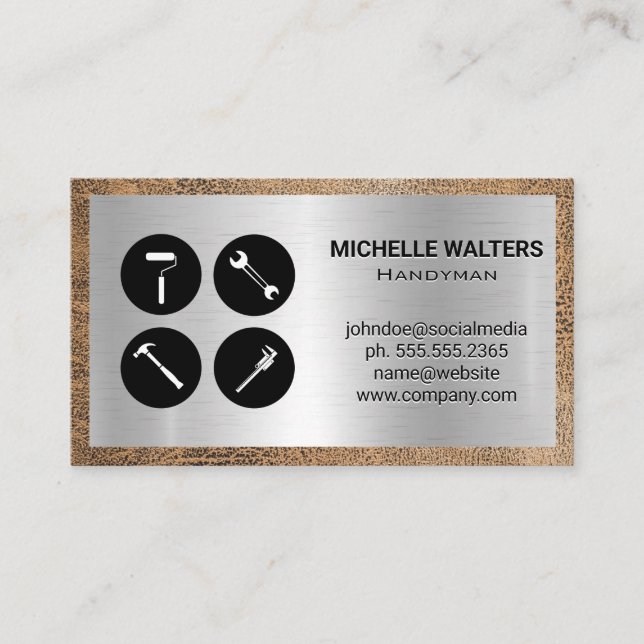 Hand Tools Icons | Metal and Worn Leather Business Card (Front)