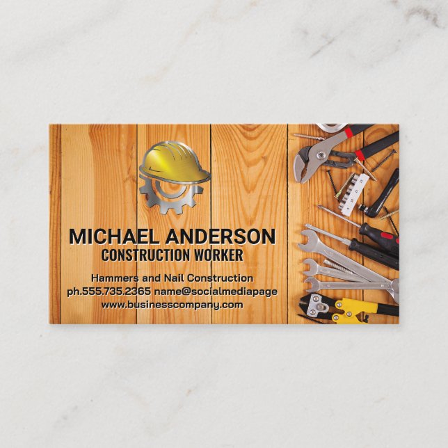 Hand Tools on Wooden Table | Construction Logo Business Card (Front)