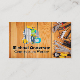 Hand Tools on Wooden Table   Construction Worker  Business Card