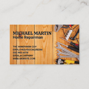Hand Tools on Wooden Table Repairman Business Card