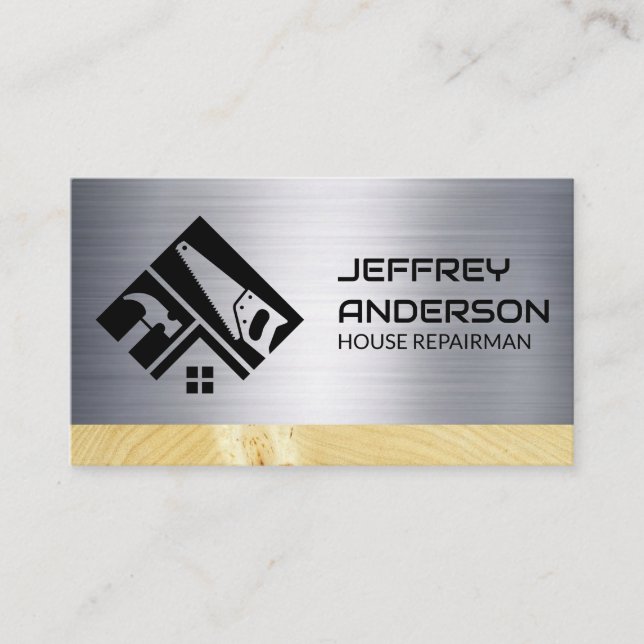 Hand Tools Repairman Logo | Metal Wood Business Card (Front)