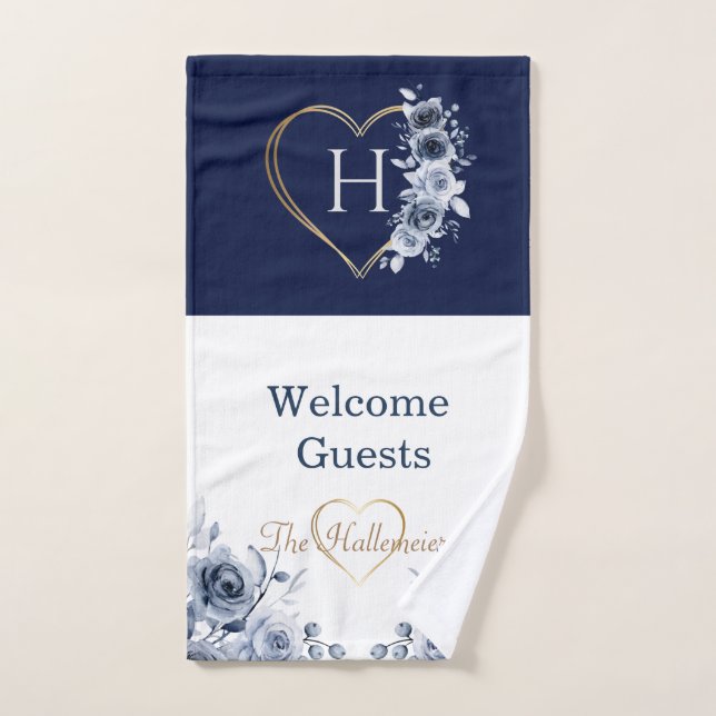 Hand Towel Gold Heart Blue/White Floral (Hand Towel)