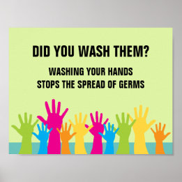 Hand Washing Stop Spreading Germs Colourful Hands Poster