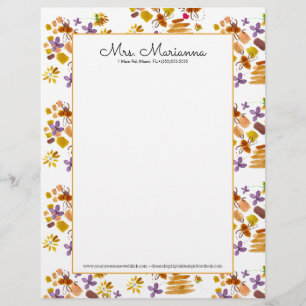 Hand Watercolor Bee Art Botanical Floral Pattern Custom Letterhead