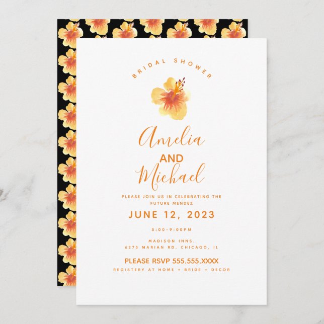 Hand Watercolor Hibiscus Orange Bridal Shower Invitation (Front/Back)