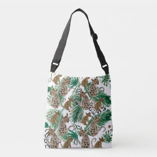 Hand Watercolor Jaguar Cat Greenry Botanical Crossbody Bag