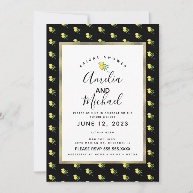 Hand Watercolor Lemon Bunch Simple Bridal Shower Invitation (Front)