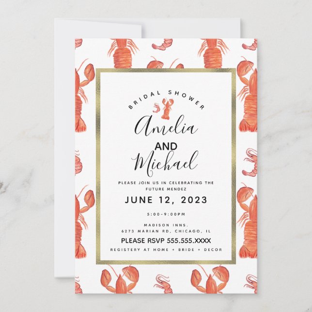 Hand Watercolor Lobster Shrimp Crawfish Bridal Invitation (Front)