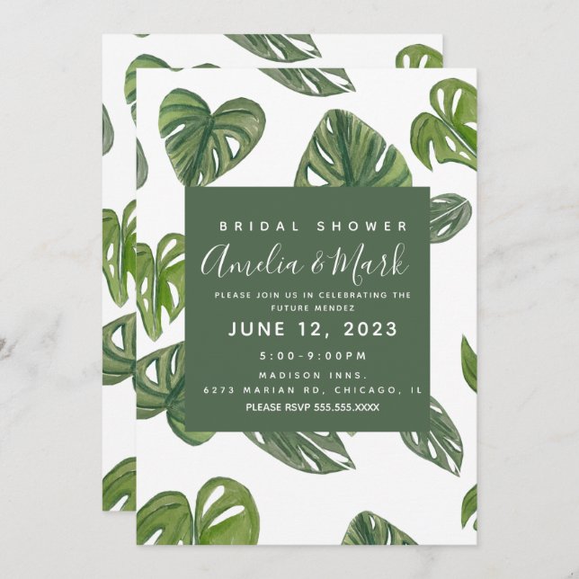 Hand Watercolor Monstera Adansonii Leaf Bridal Invitation (Front/Back)