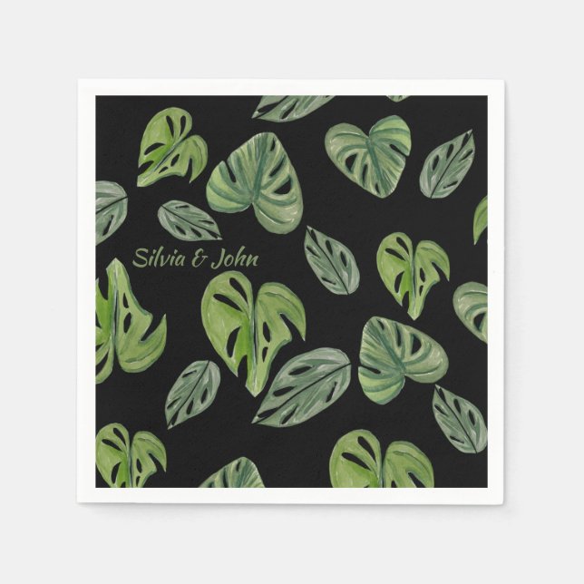 Hand Watercolor Monstera Adansonii Leaf Wedding Napkin (Front)