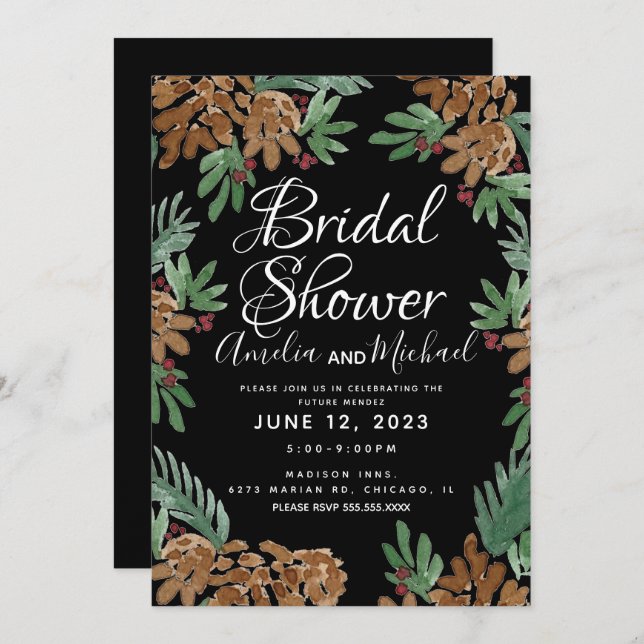 Hand Watercolor Pinecones Black Bridal Shower Invitation (Front/Back)