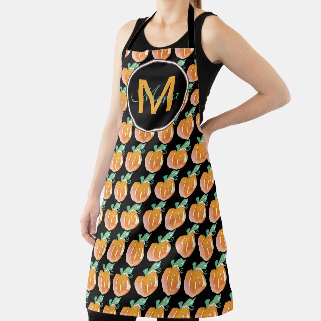 Hand Watercolor Pumpkin Pattern Black Monogram Apron (Insitu)