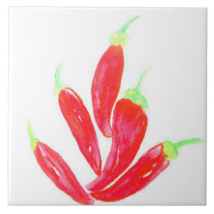 Hand Watercolor Red Hot Peppers Tile