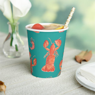 Hand Watercolor Seafood Lobster Shrimps Crab Broil Paper Cups