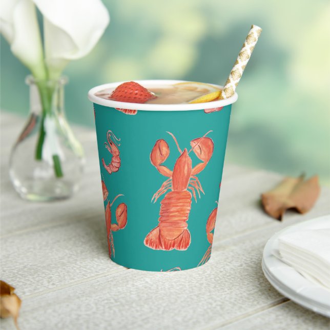 Hand Watercolor Seafood Lobster Shrimps Crab Broil Paper Cups (Insitu)
