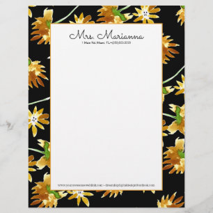 Hand Watercolor Yellow Floral Art Pattern Custom Letterhead
