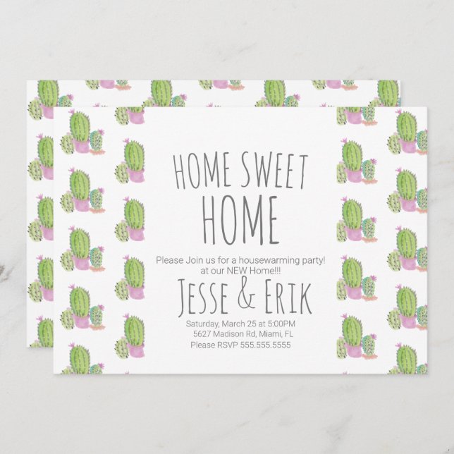 Hand-Watercolored Cactus Plants Housewarming Party Invitation (Front/Back)