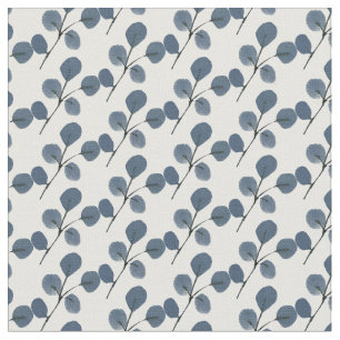 Hand Watercolored Eucalyptus Greenery Blue Fabric