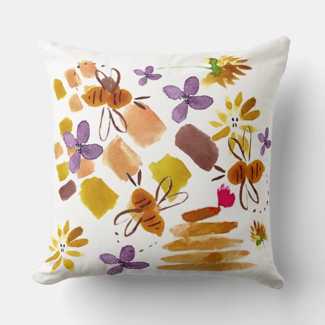 Hand Watercolored Floral Yellow Bee Painting Cushion (Front)