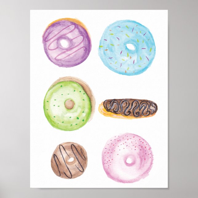Hand Watercolored Frosted Mixed Doughnuts Poster (Front)