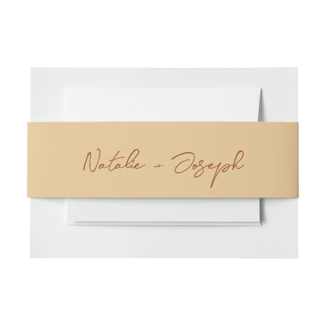  Hand Written Beige Fun Calligraphy Boho Wedding Invitation Belly Band (Front Example)