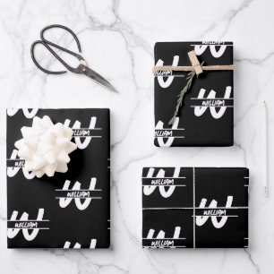 Hand Written Black & White Monogrammed Name Wrapping Paper Sheet