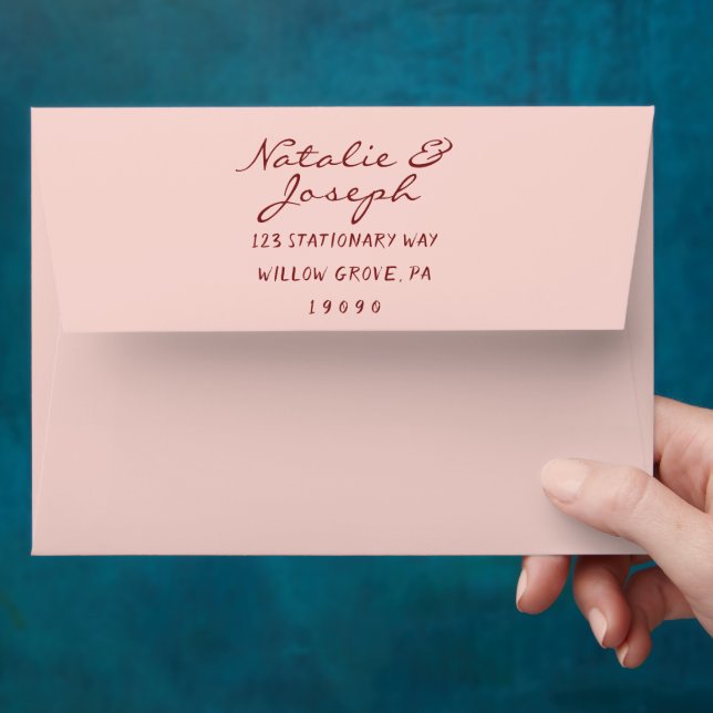 Hand Written Burgundy Pink Whimsical Wedding Envelope (Hand)