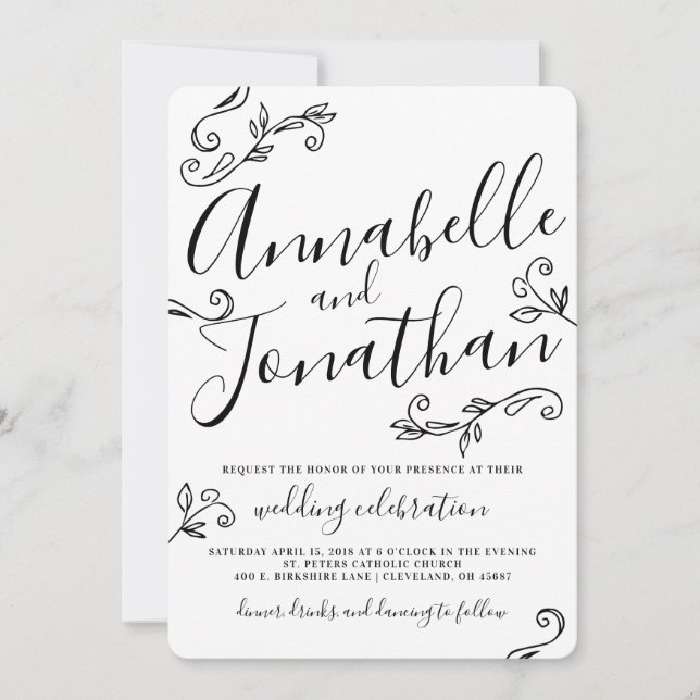 Hand Written Calligraphy Leaves Wedding Invitation (Front)