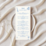 Hand Written Drawing Scribble Blue Wedding Menu<br><div class="desc">Vintage French Hand-Drawn Wedding Menu: A Culinary Journey in Elegance Delight your guests with a culinary journey infused with vintage French charm and elegance with our Vintage French Hand-Drawn Wedding Menu. This exquisite menu card features a stunning hand-drawn and hand-written design in shades of blue on a soft white background,...</div>