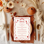 Hand Written Drawing Scribble Doodle Red Wedding Menu<br><div class="desc">Add a charming touch to your wedding table setting with this hand-illustrated, retro-inspired menu, a delightful mix of unique artistry and whimsical design. This menu card features a wavy frame and a hand-drawn bow at the top, capturing the nostalgia of vintage stationery while keeping it fresh and trendy. With playful,...</div>