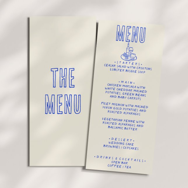 Hand Written Drawn Blue Retro Quirky Fun Wedding Menu (Creator Uploaded)