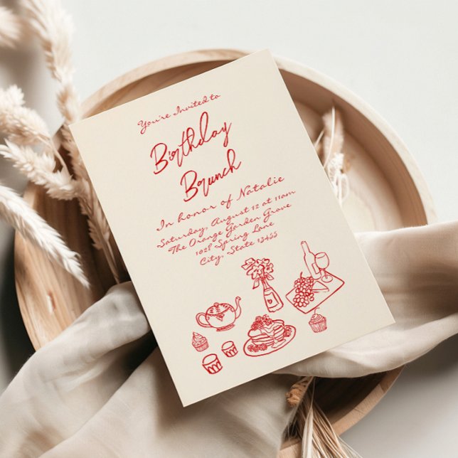 Hand Written Drawn Quirky Unique Birthday Brunch Invitation (Creator Uploaded)