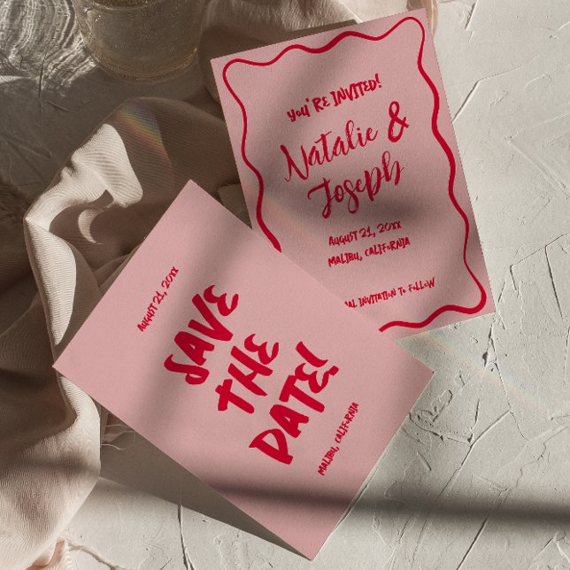 Hand Written Drawn Red Pink Colourful Retro Weddin Save The Date (Creator Uploaded)