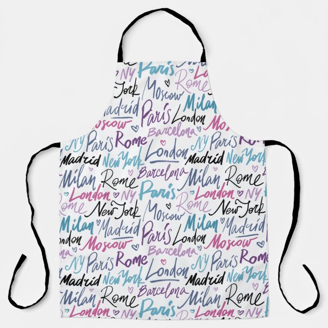 Hand Written Famous Cities of the World Pattern Apron (Front)