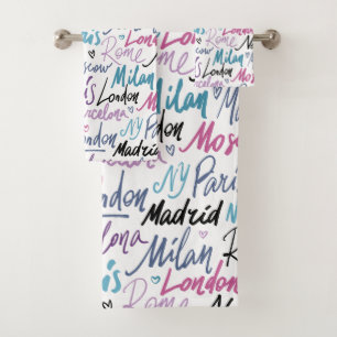 Hand Written Famous Cities of the World Pattern Bath Towel Set