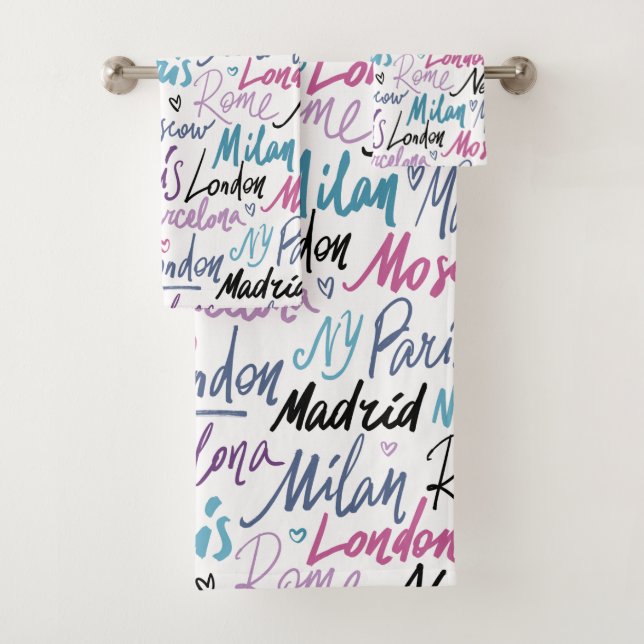 Hand Written Famous Cities of the World Pattern Bath Towel Set (Insitu)