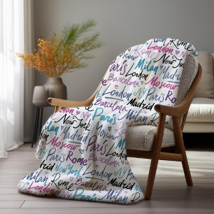 Hand Written Famous Cities of the World Pattern Fleece Blanket