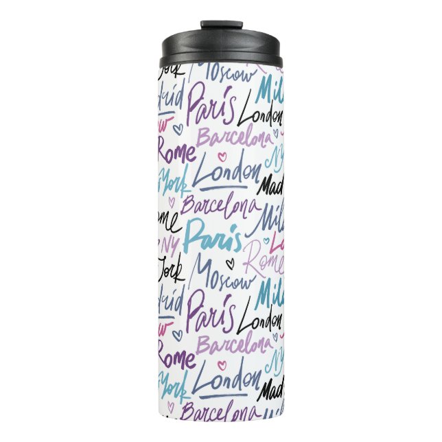 Hand Written Famous Cities of the World Pattern Thermal Tumbler (Front)