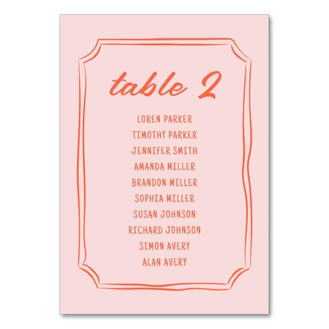Hand Written Fun Retro Wedding Seating Table Card (Front)
