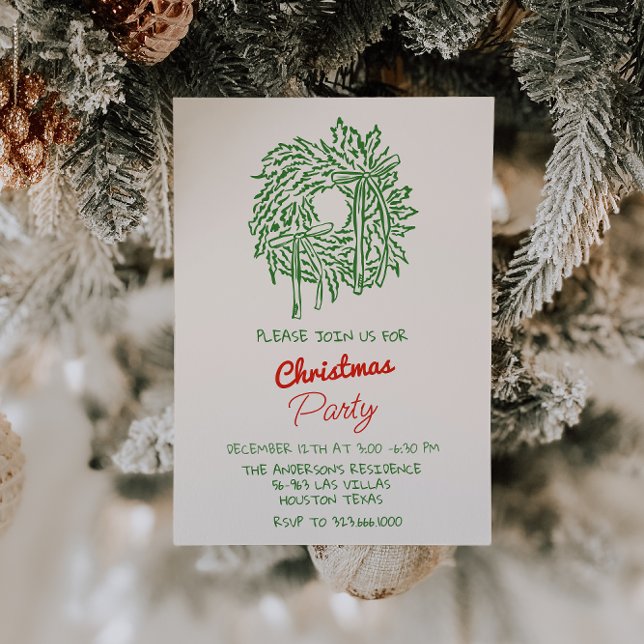 Hand Written Red Green Christmas Wreath Party  Invitation (Creator Uploaded)